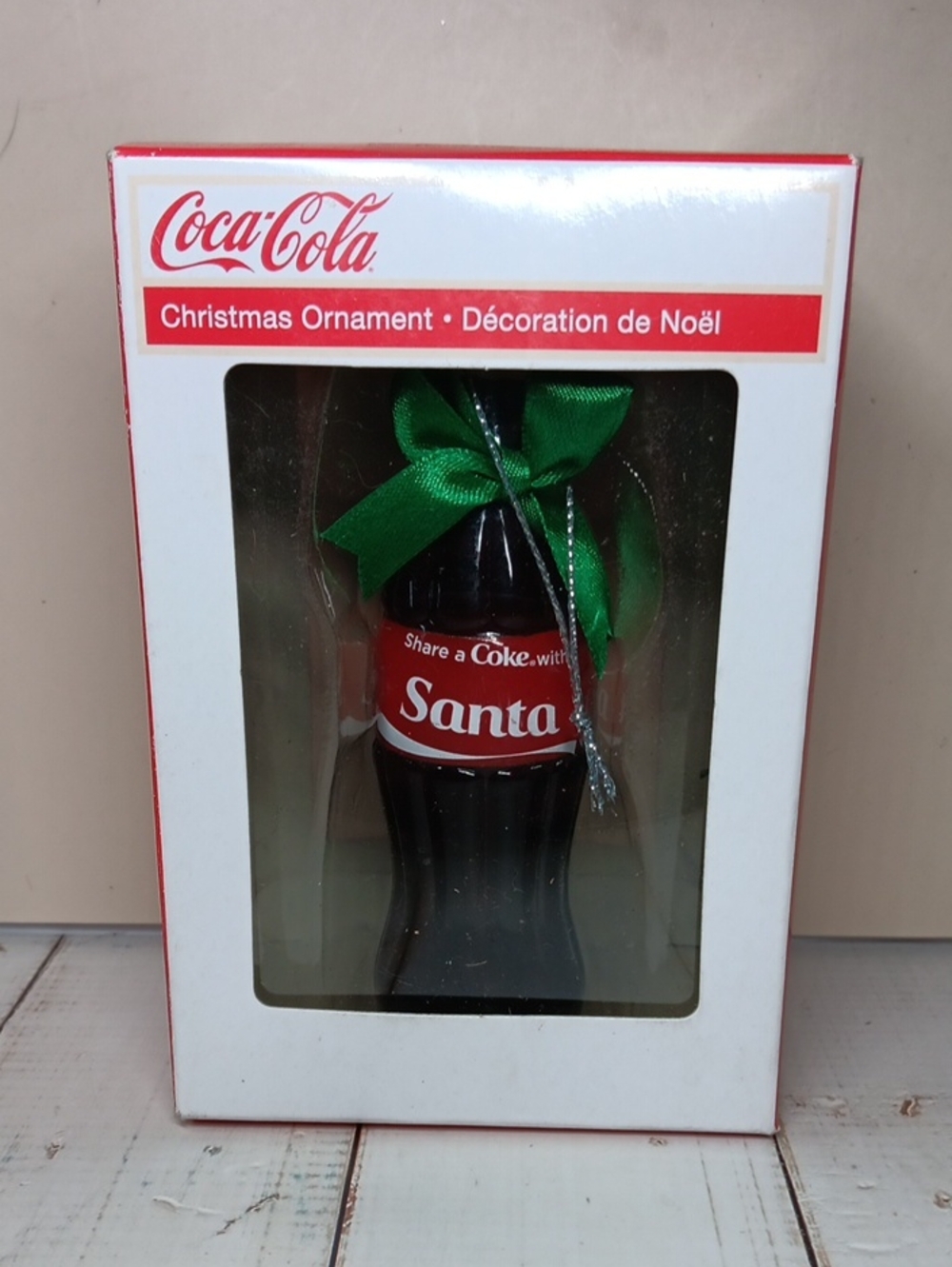 Coca Cola Red Santa Bottle Ornament with Green Bow